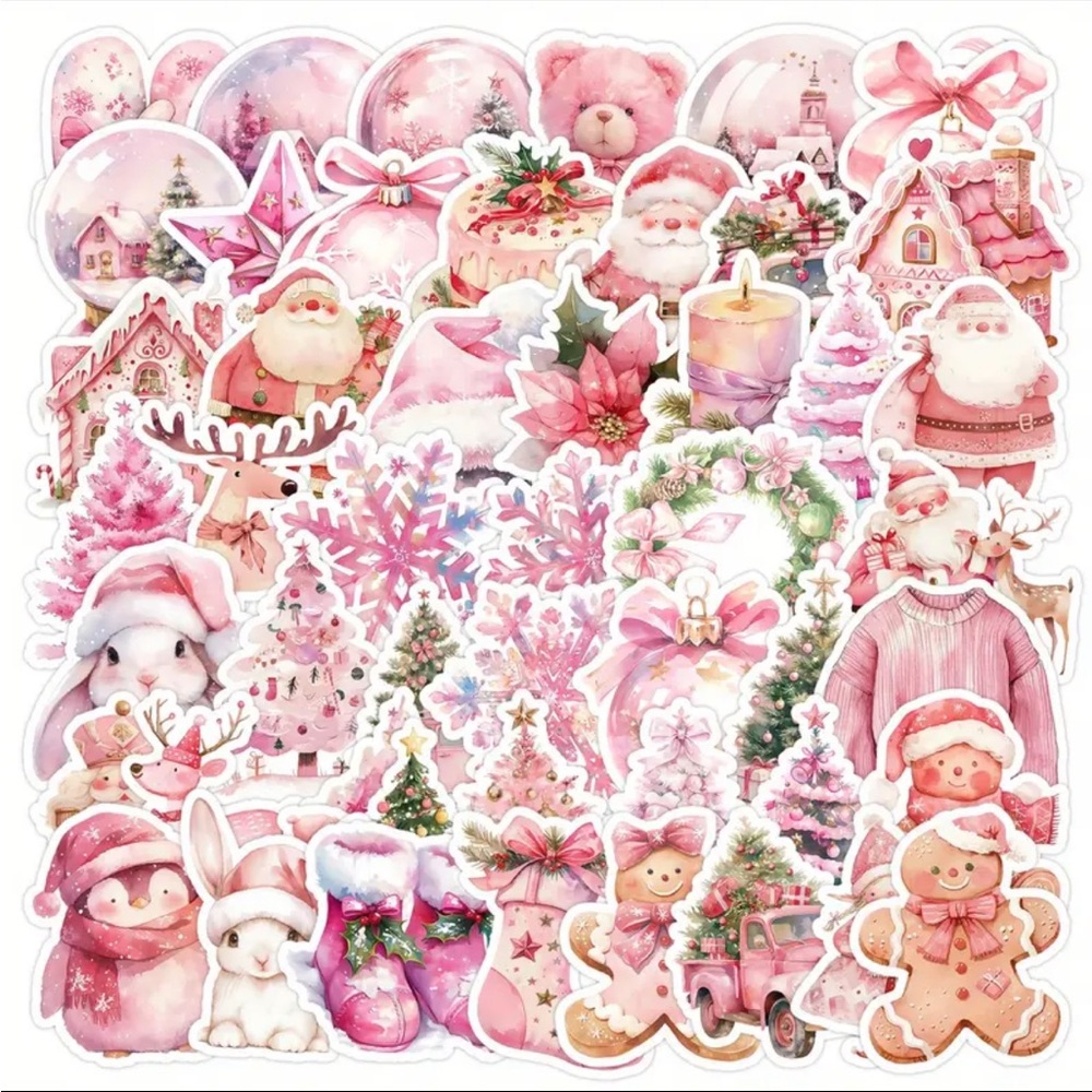 Festive Pink Nordic Christmas Stickers Set of 50 Santa Ribbons Truck Penguin